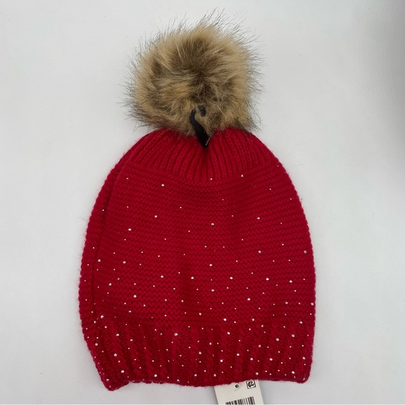INC Shine Like the Night Red Pearl Embellishments beanie hat with Pom pom NEW - Picture 1 of 6